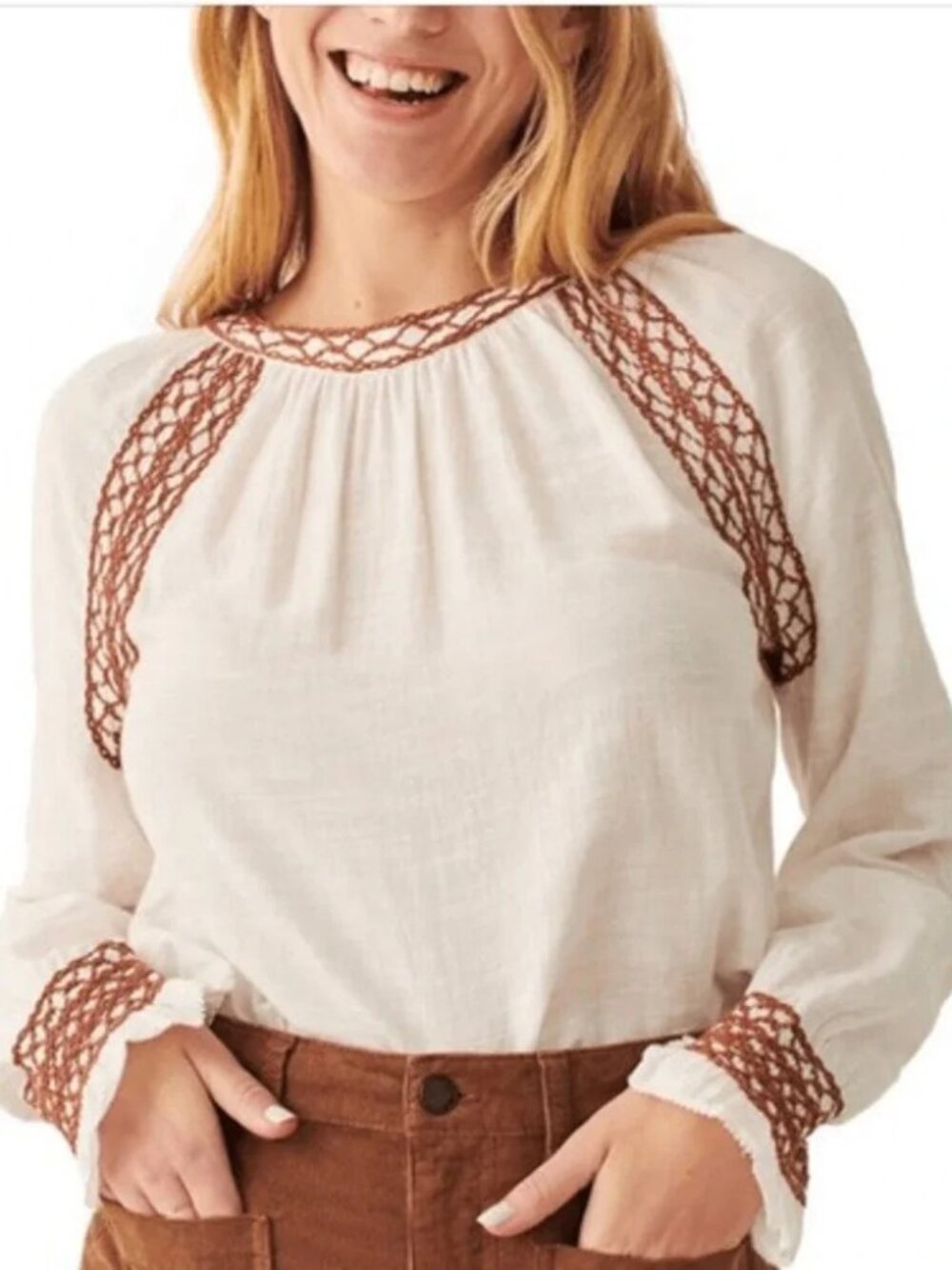 Faherty White Brown Embroidered Arles Long Sleeve Top